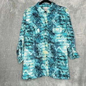White Stag XXL 2X Shirt Top Blue Snake Print Button Up 3/4 Sleeve Collared Women